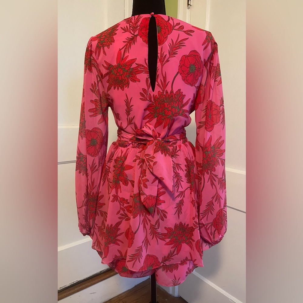 Beyond Words Pink Long Sleeved Romper with Red and Green Flowers. - Picture 3 of 8